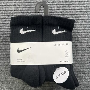 Nike Everyday Cushioned Nylon Crew Socks Black 6 Pack Youth 10C -‎ 3Y New